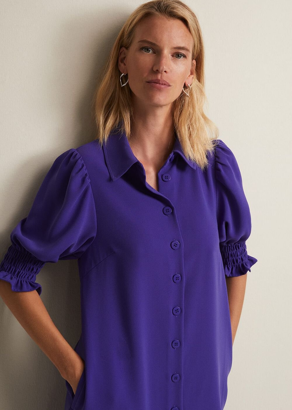 Purple Button Up Midi Dress With Ruched Sleeves Purple