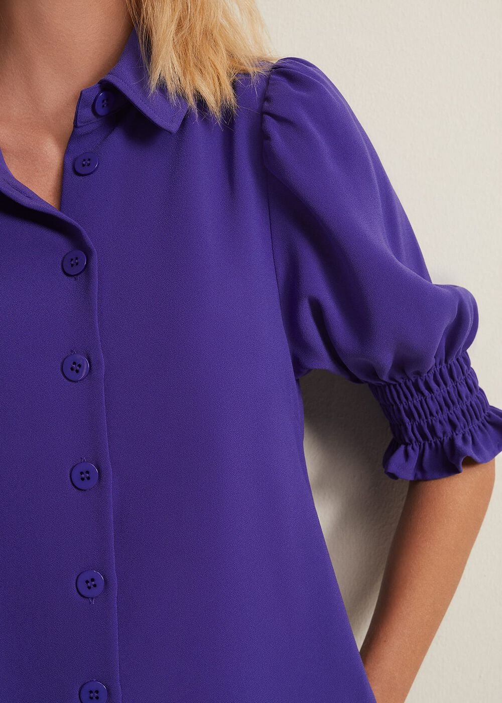Purple Button Up Midi Dress With Ruched Sleeves Purple