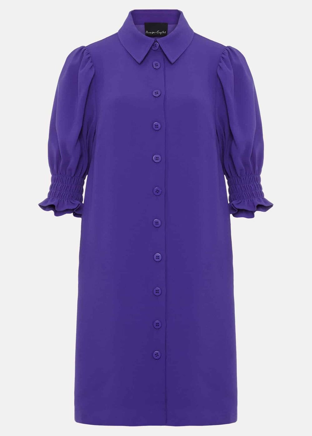 Purple Button Up Midi Dress With Ruched Sleeves Purple