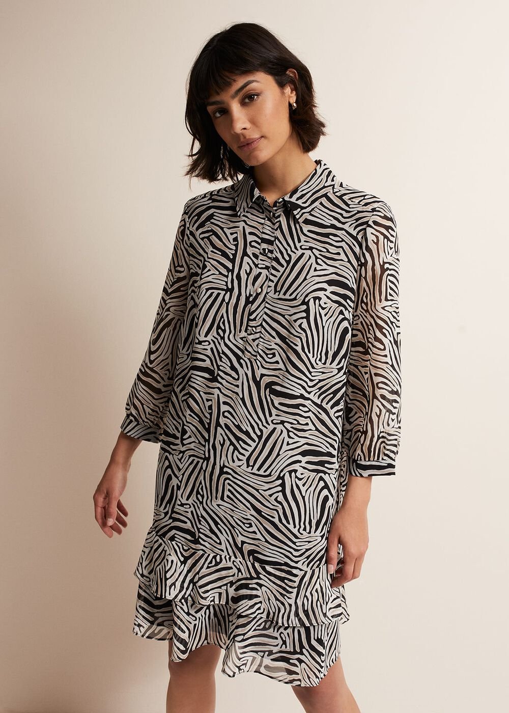 Black & White Zebra Print Button Down Shirt Dress Stone/Ivory