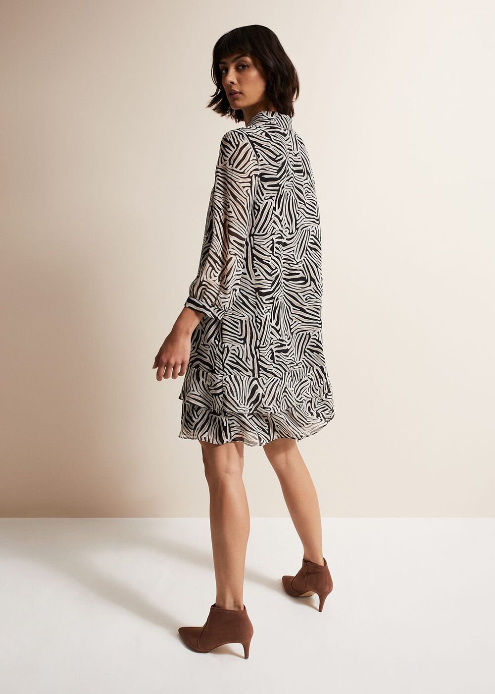 Black & White Zebra Print Button Down Shirt Dress Stone/Ivory