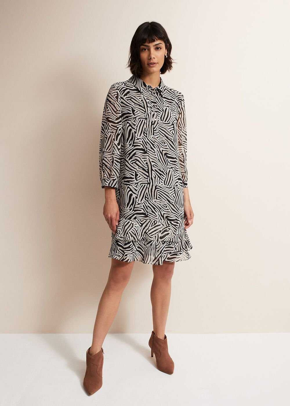 Black & White Zebra Print Button Down Shirt Dress Stone/Ivory