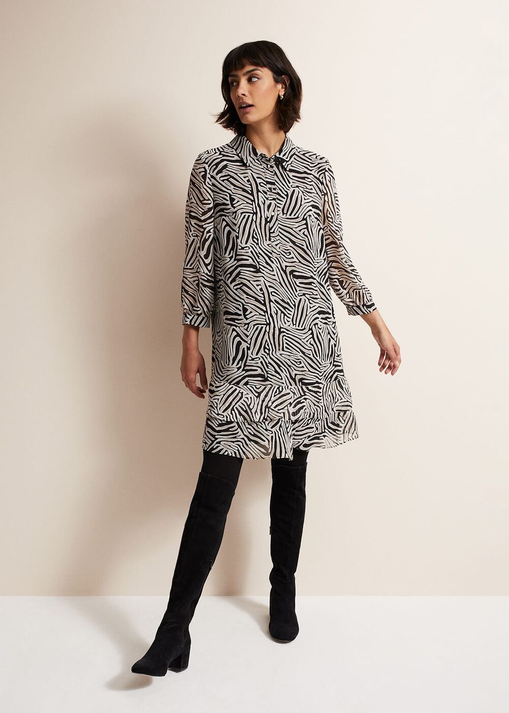Black & White Zebra Print Button Down Shirt Dress Stone/Ivory