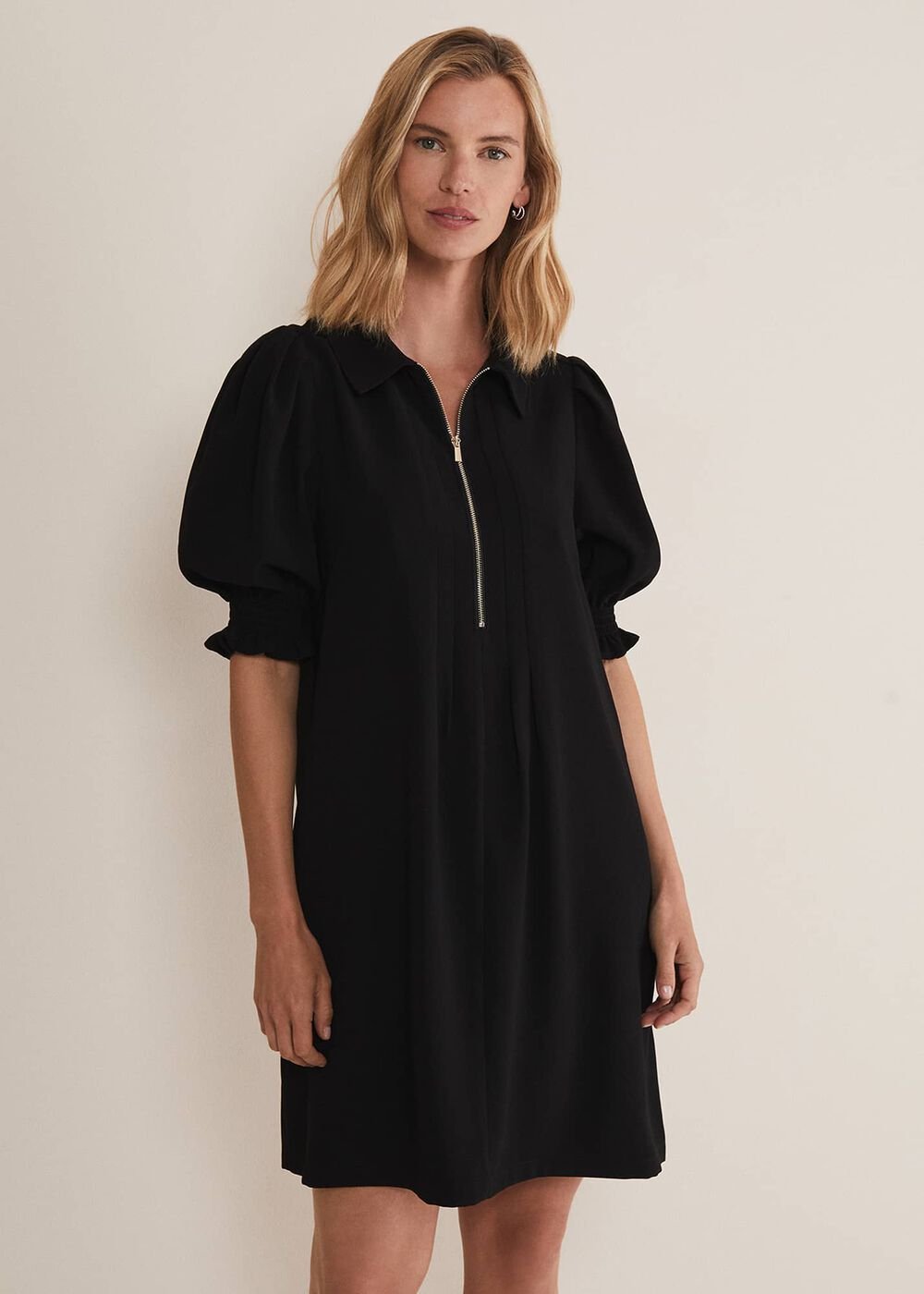 Black Zip Up Mini Dress With Frill Sleeve Cuffs Black