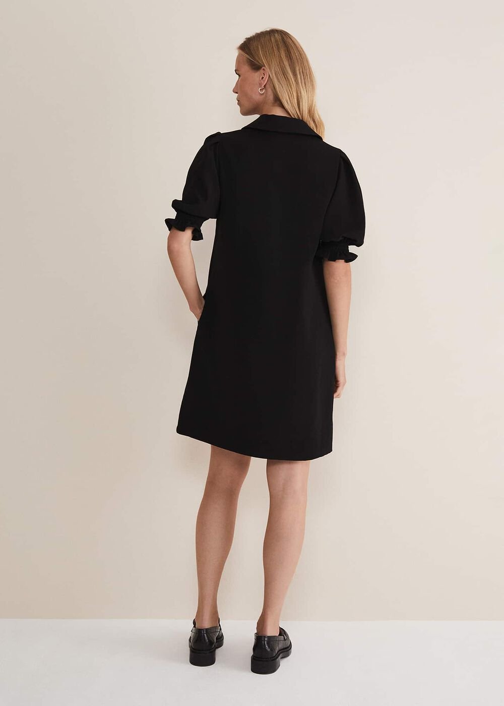 Black Zip Up Mini Dress With Frill Sleeve Cuffs Black