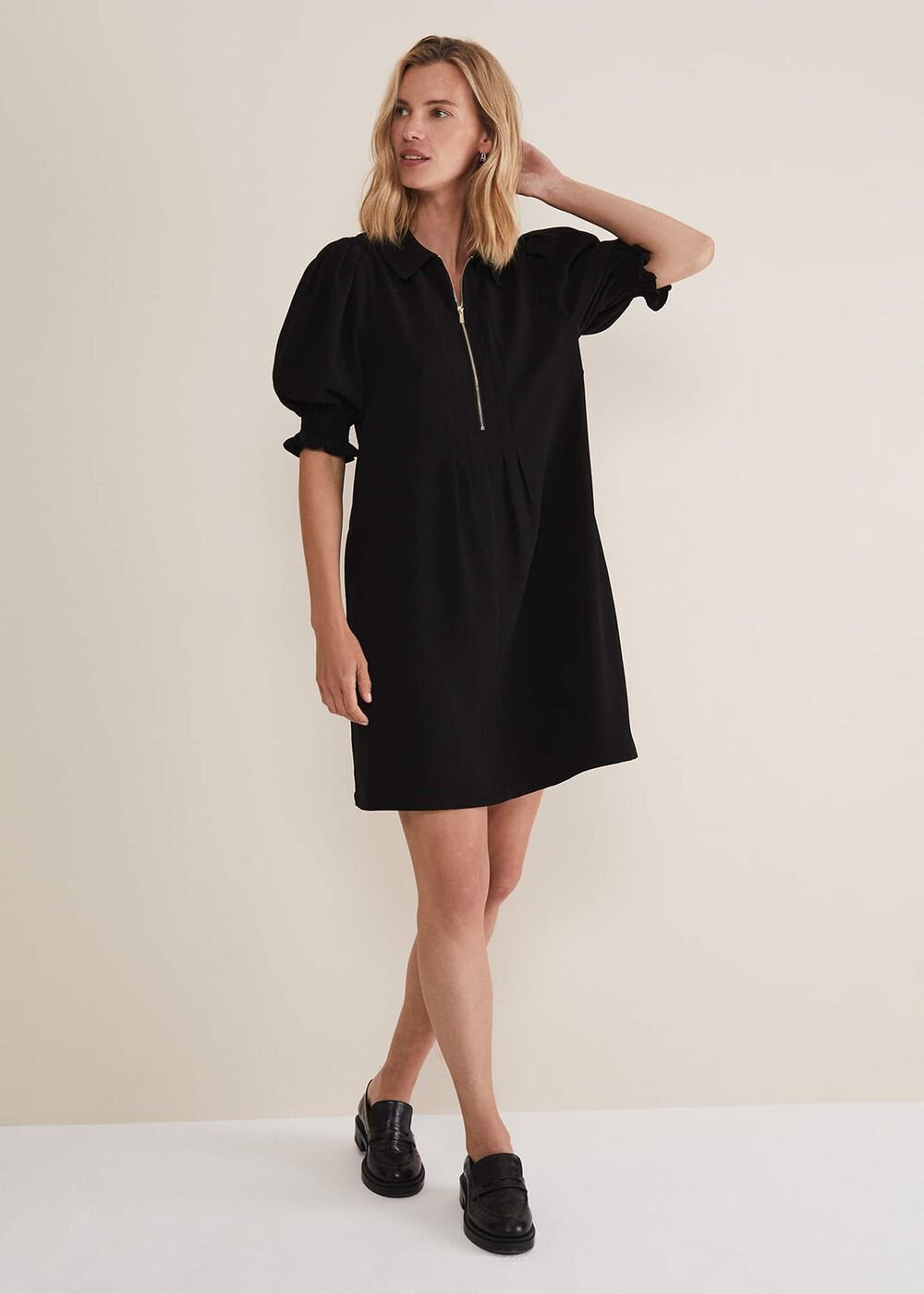 Black Zip Up Mini Dress With Frill Sleeve Cuffs Black