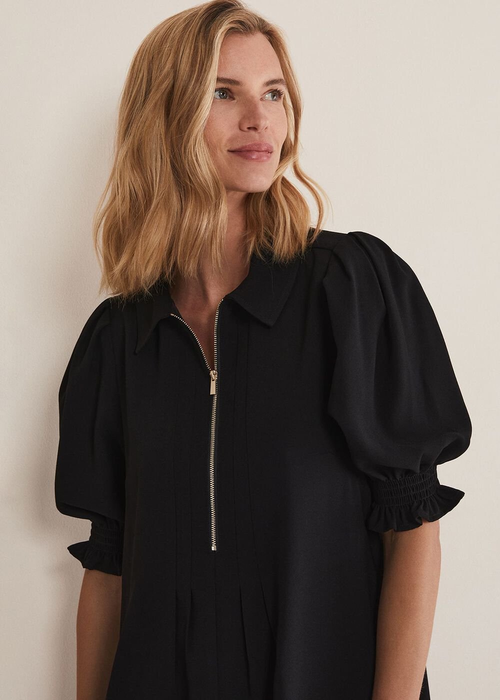 Black Zip Up Mini Dress With Frill Sleeve Cuffs Black