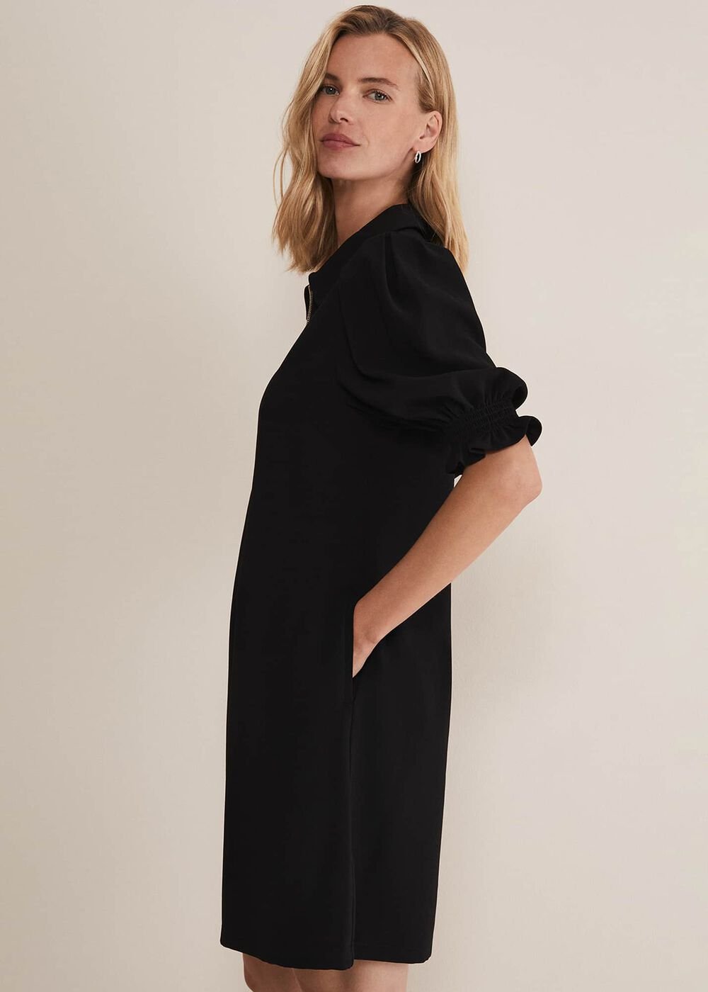 Black Zip Up Mini Dress With Frill Sleeve Cuffs Black