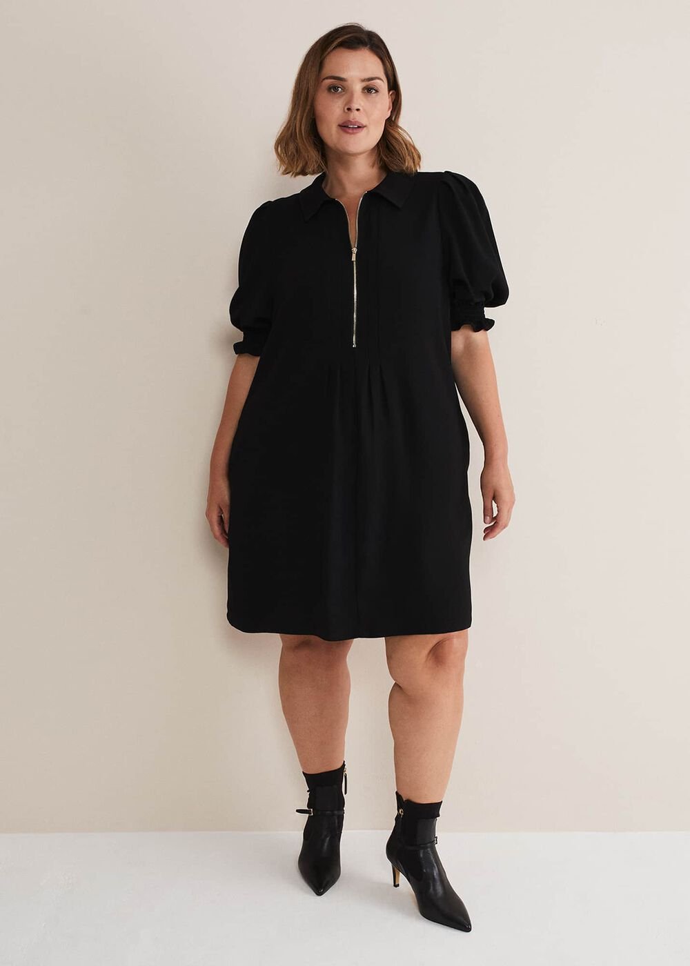 Black Zip Up Mini Dress With Frill Sleeve Cuffs Black
