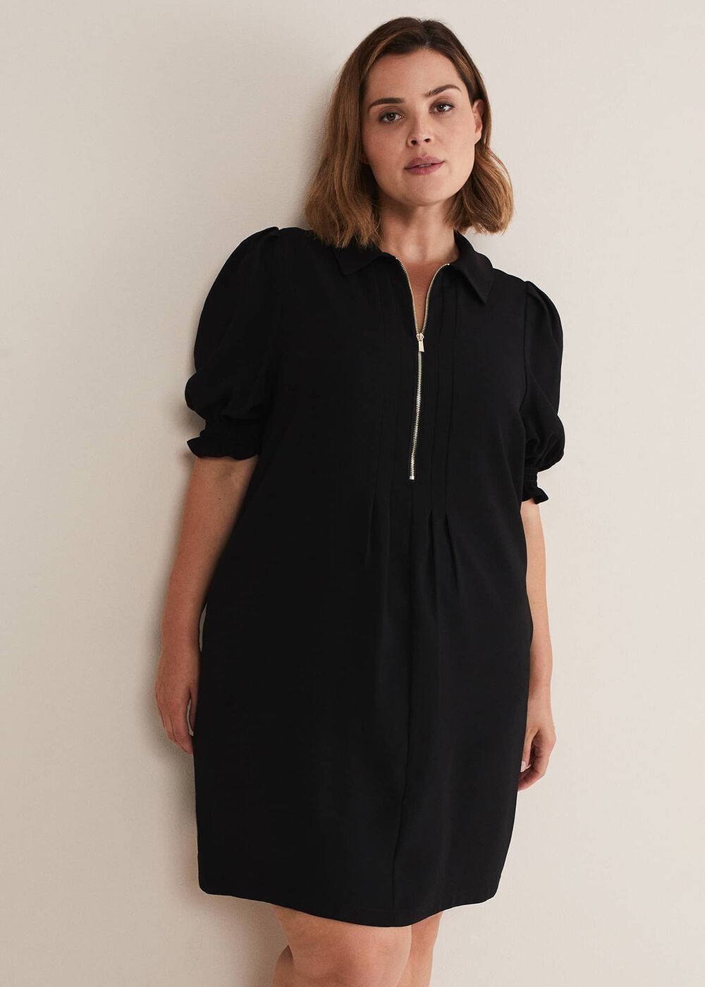 Black Zip Up Mini Dress With Frill Sleeve Cuffs Black