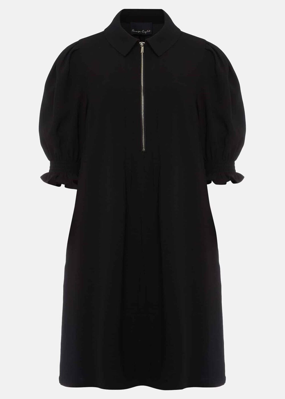 Black Zip Up Mini Dress With Frill Sleeve Cuffs Black