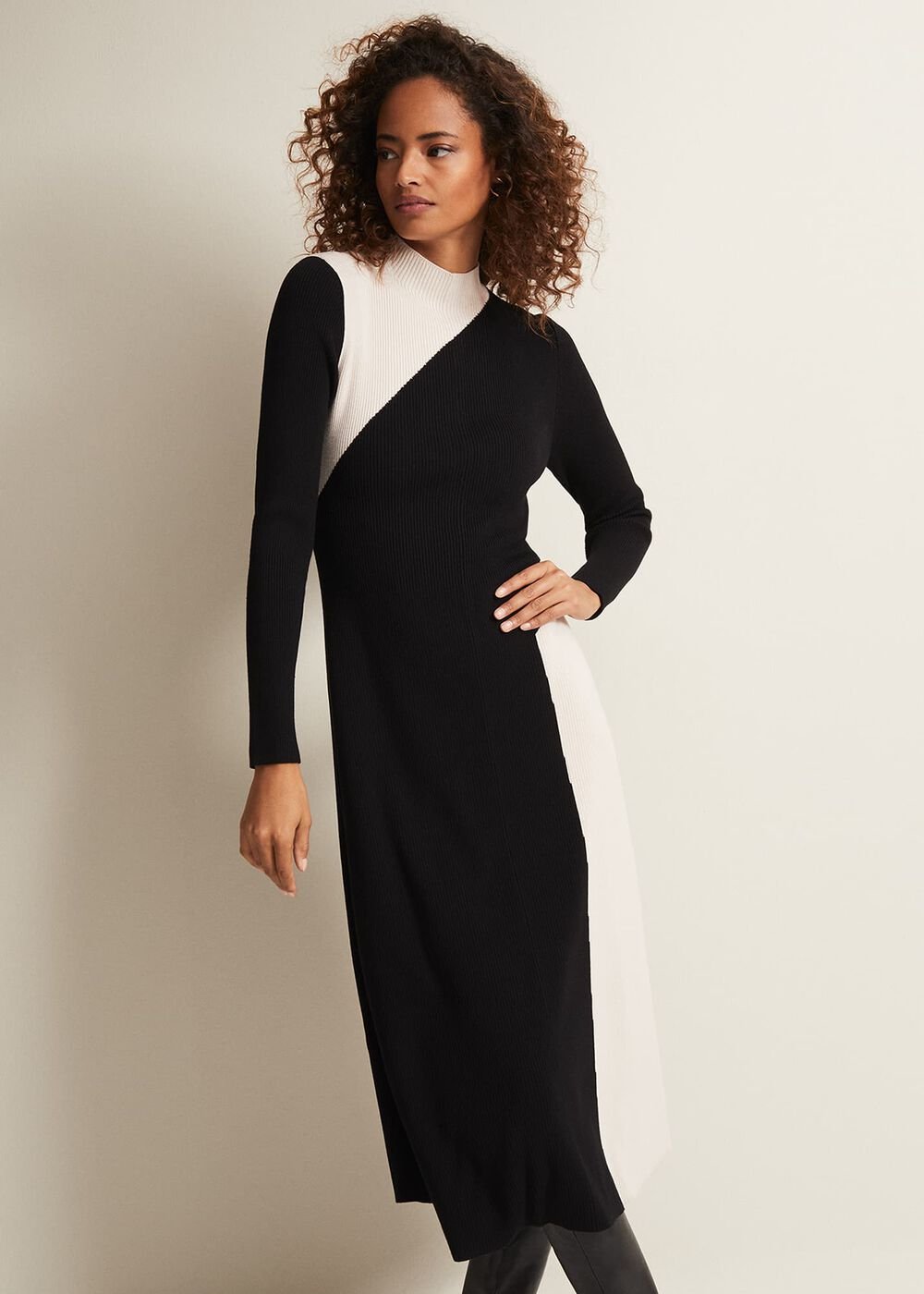 Black & White Monochrome Knitted Midaxi Dress Black/Multi