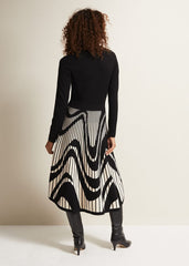 Black & White Fit & Flare Midi Dress with Abstract Print Black/Ivory
