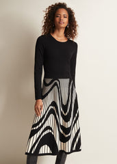 Black & White Fit & Flare Midi Dress with Abstract Print Black/Ivory