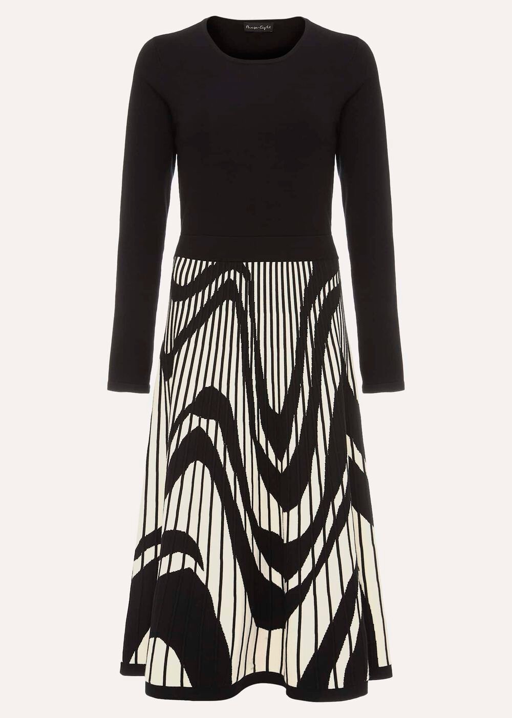 Black & White Fit & Flare Midi Dress with Abstract Print Black/Ivory