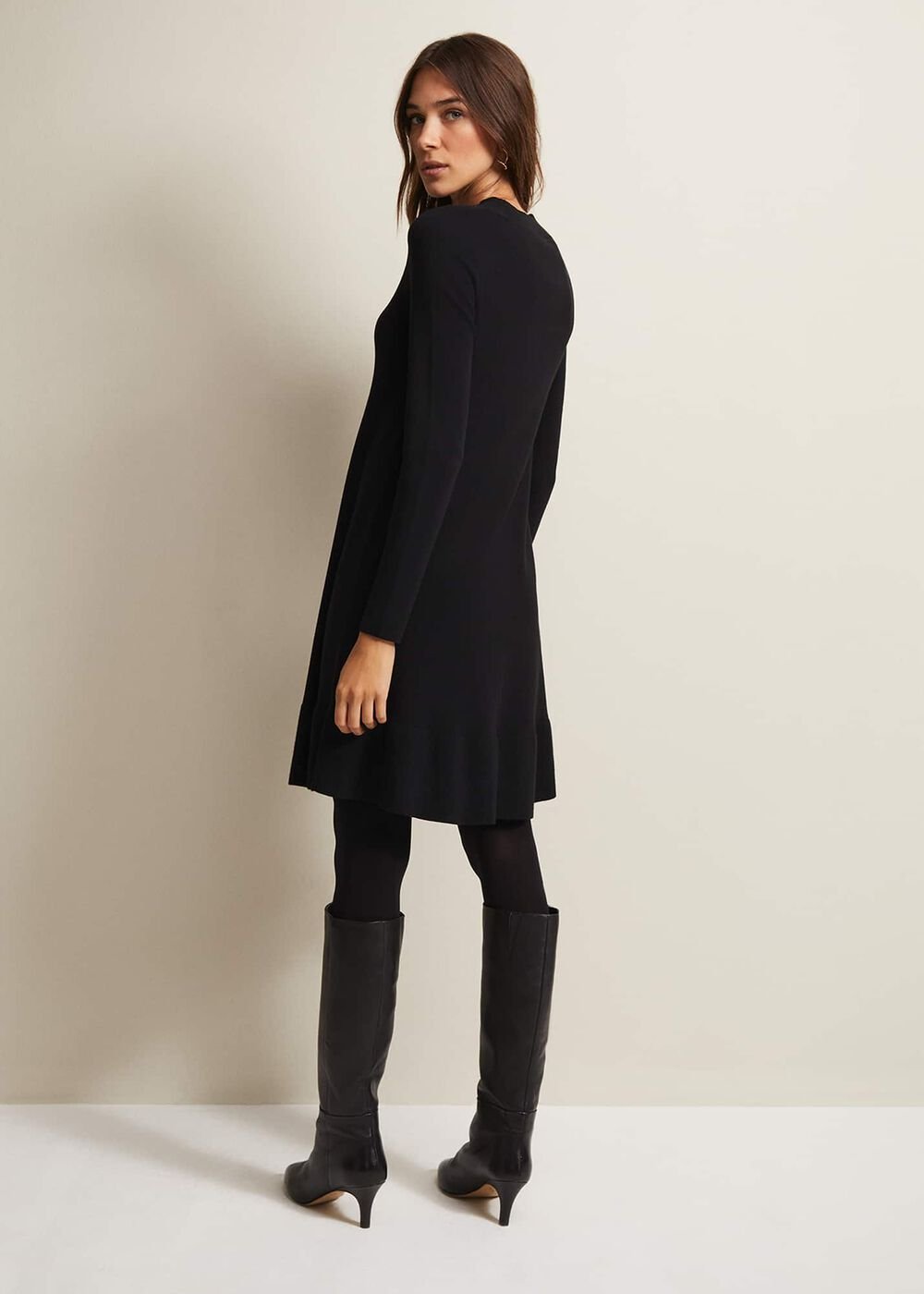 Black Fine Knit Mini Dress with Long Sleeves Black