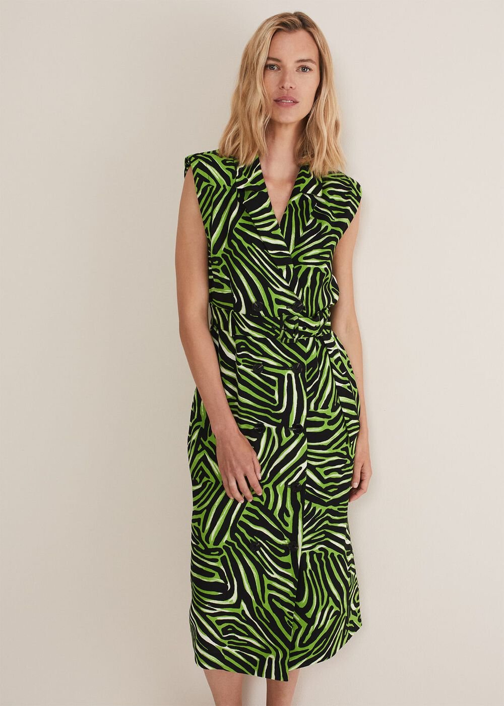 Trinny Zebra Print Trench Midi Dress Green
