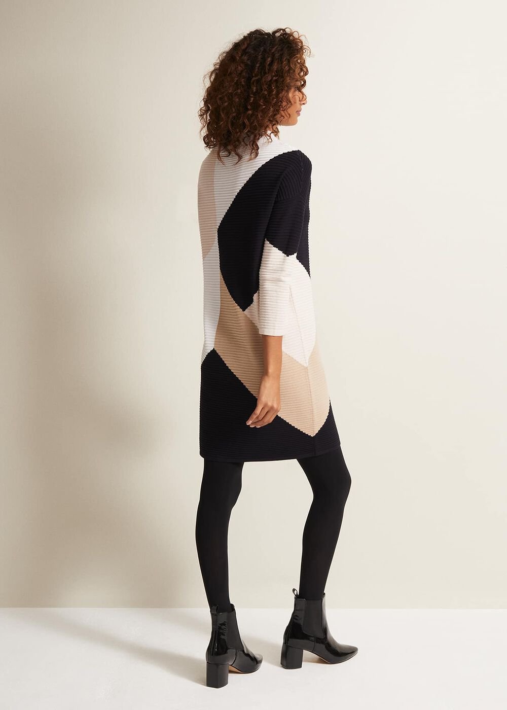 Black & White Ripple Textured Long Sleeve Dress Multi-Coloured