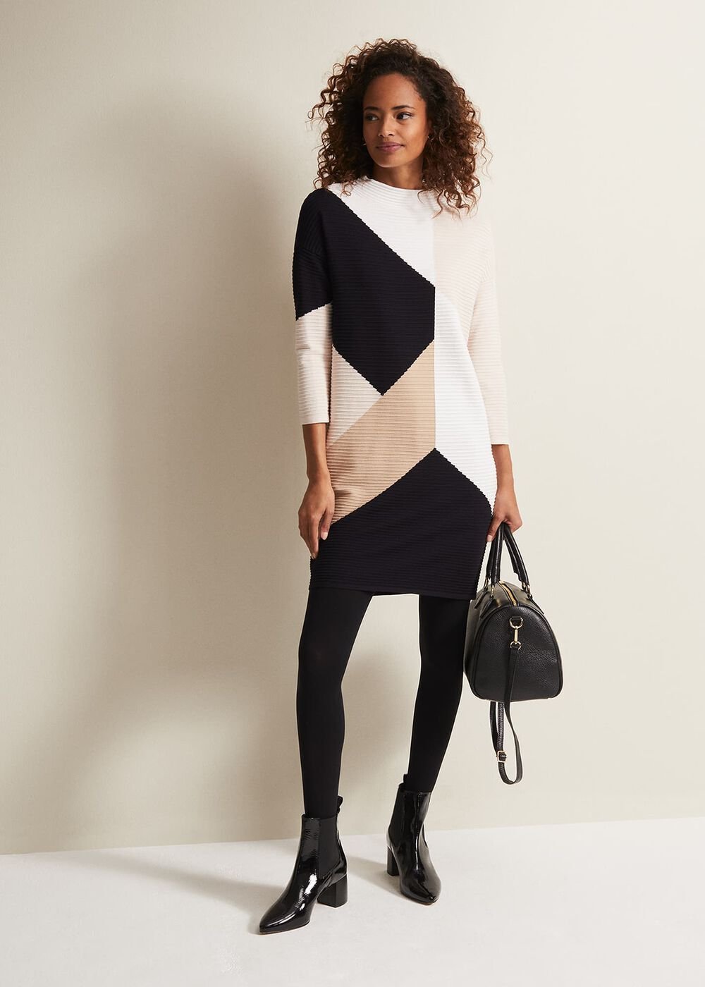 Black & White Ripple Textured Long Sleeve Dress Multi-Coloured