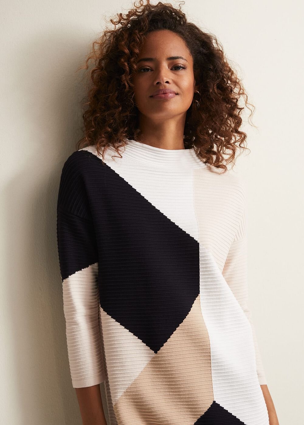 Black & White Ripple Textured Long Sleeve Dress Multi-Coloured