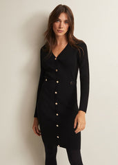 Black Knitted V-Neck Mini Dress with Long Sleeves Black