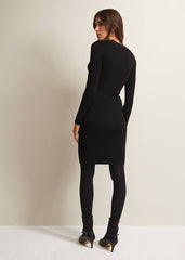 Black Knitted V-Neck Mini Dress with Long Sleeves Black