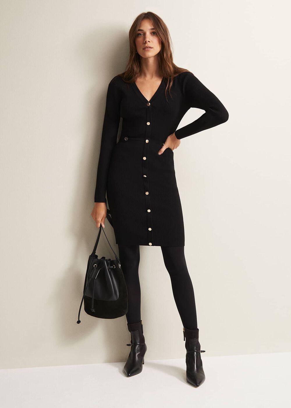 Black Knitted V-Neck Mini Dress with Long Sleeves Black