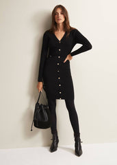 Black Knitted V-Neck Mini Dress with Long Sleeves Black