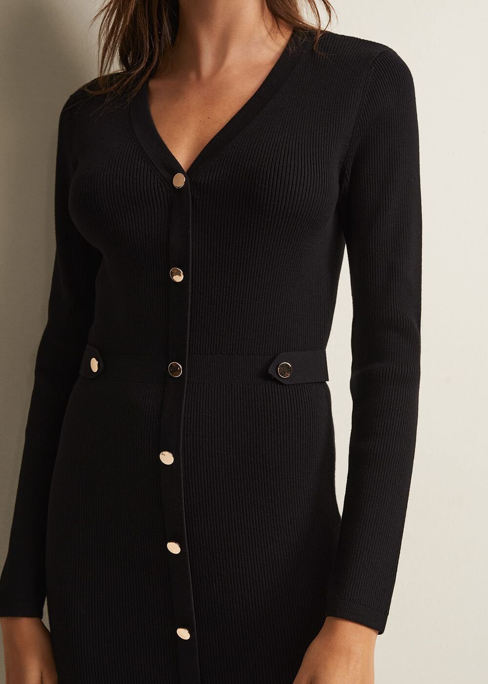 Black Knitted V-Neck Mini Dress with Long Sleeves Black