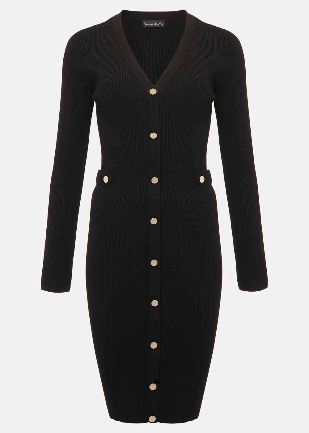 Black Knitted V-Neck Mini Dress with Long Sleeves Black