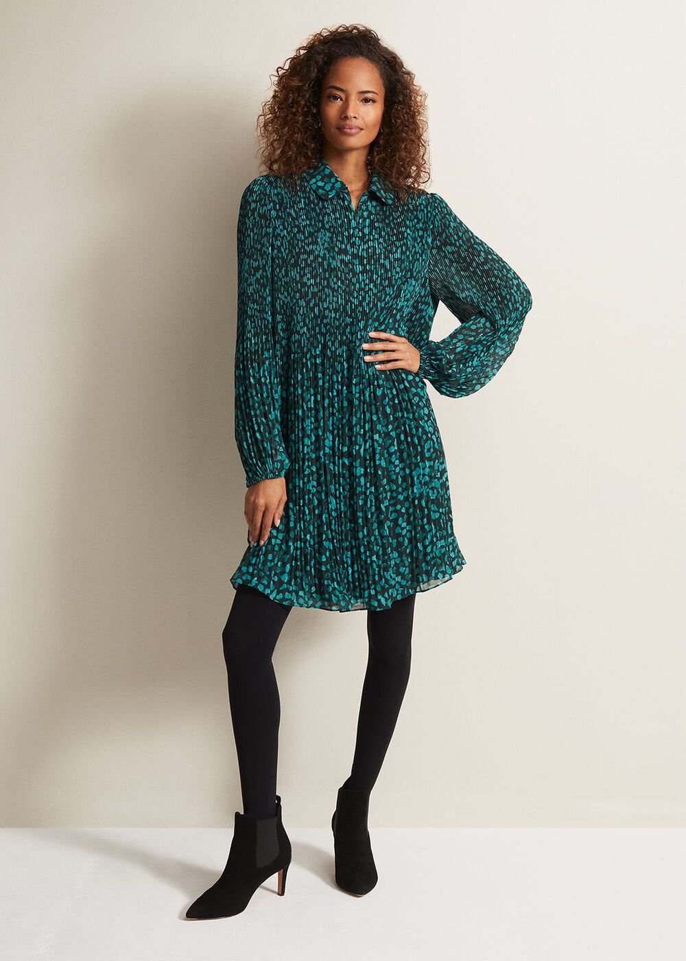 Green Ditzy Print Pleated Midi Dress With Long Sleeves Green