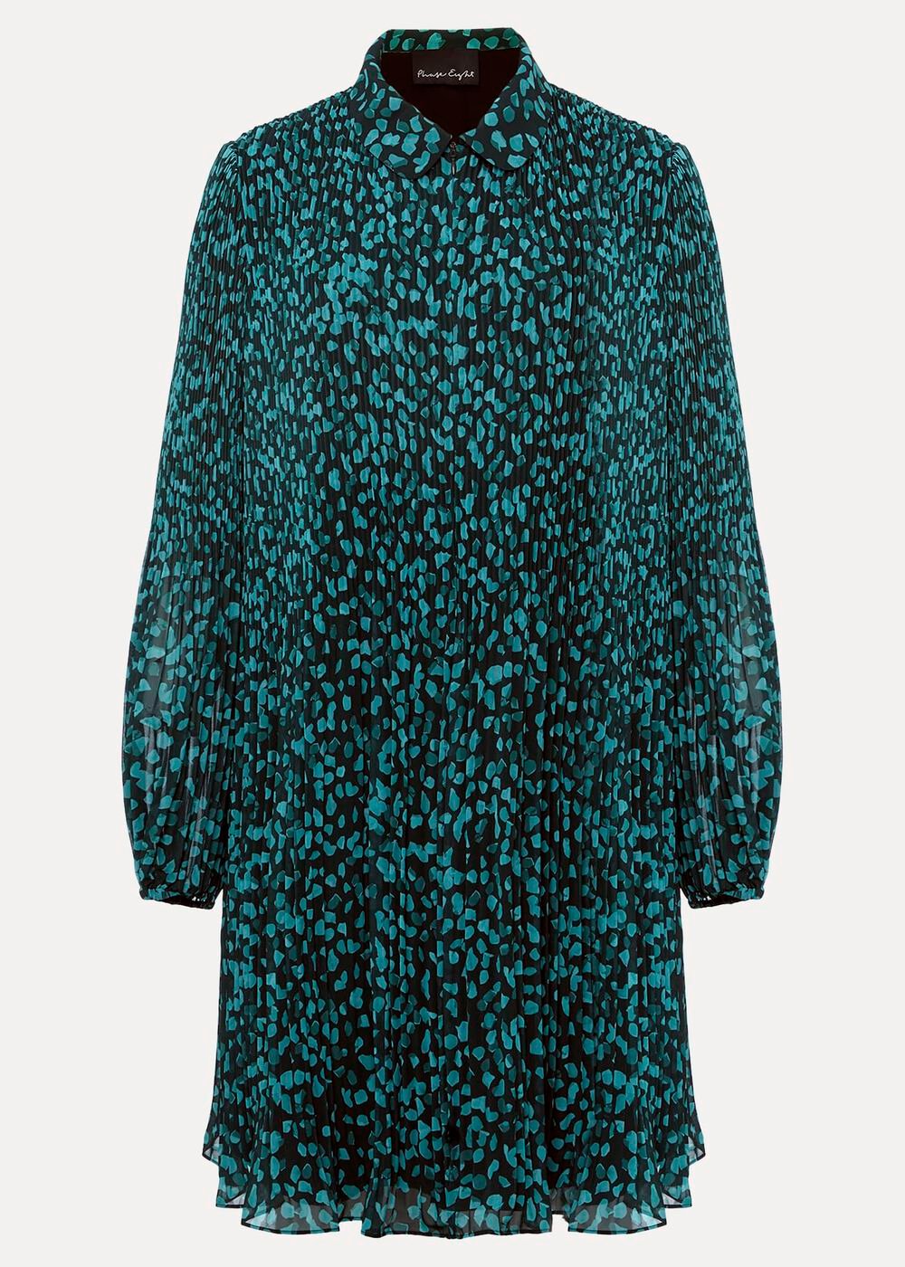 Green Ditzy Print Pleated Midi Dress With Long Sleeves Green