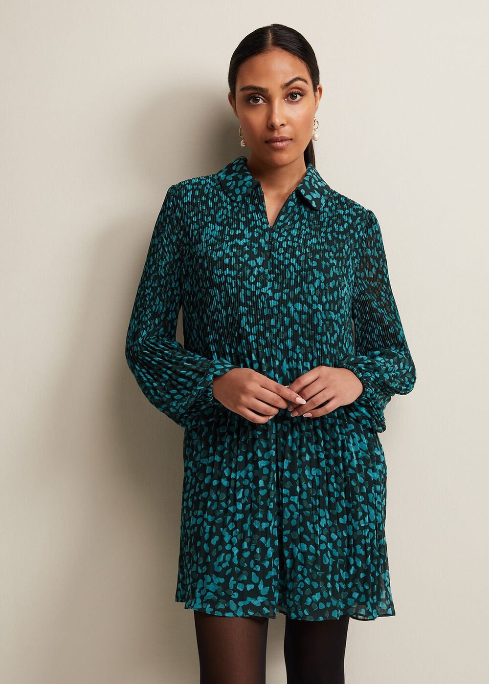 Petite Teal Ditzy Floral Print Pleated Mini Dress Green