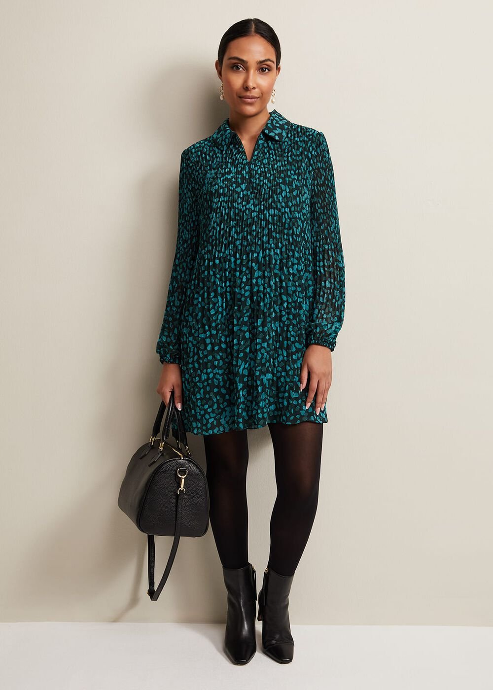 Petite Teal Ditzy Floral Print Pleated Mini Dress Green
