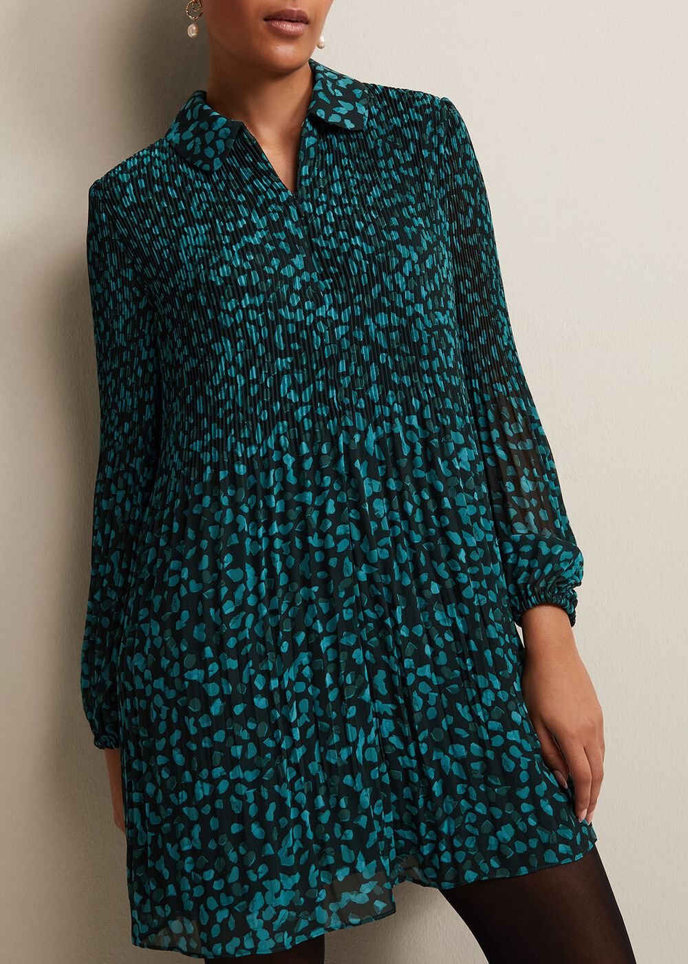 Petite Teal Ditzy Floral Print Pleated Mini Dress Green