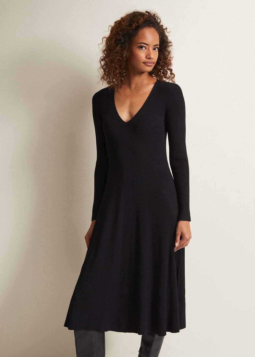 Black Fit & Flare Dress with V-Neck & Long Sleeves Black