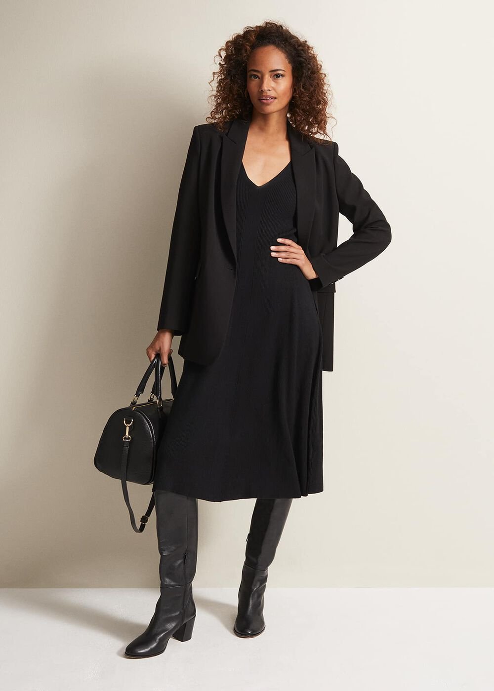 Black Fit & Flare Dress with V-Neck & Long Sleeves Black