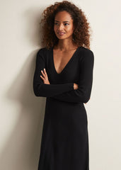 Black Fit & Flare Dress with V-Neck & Long Sleeves Black