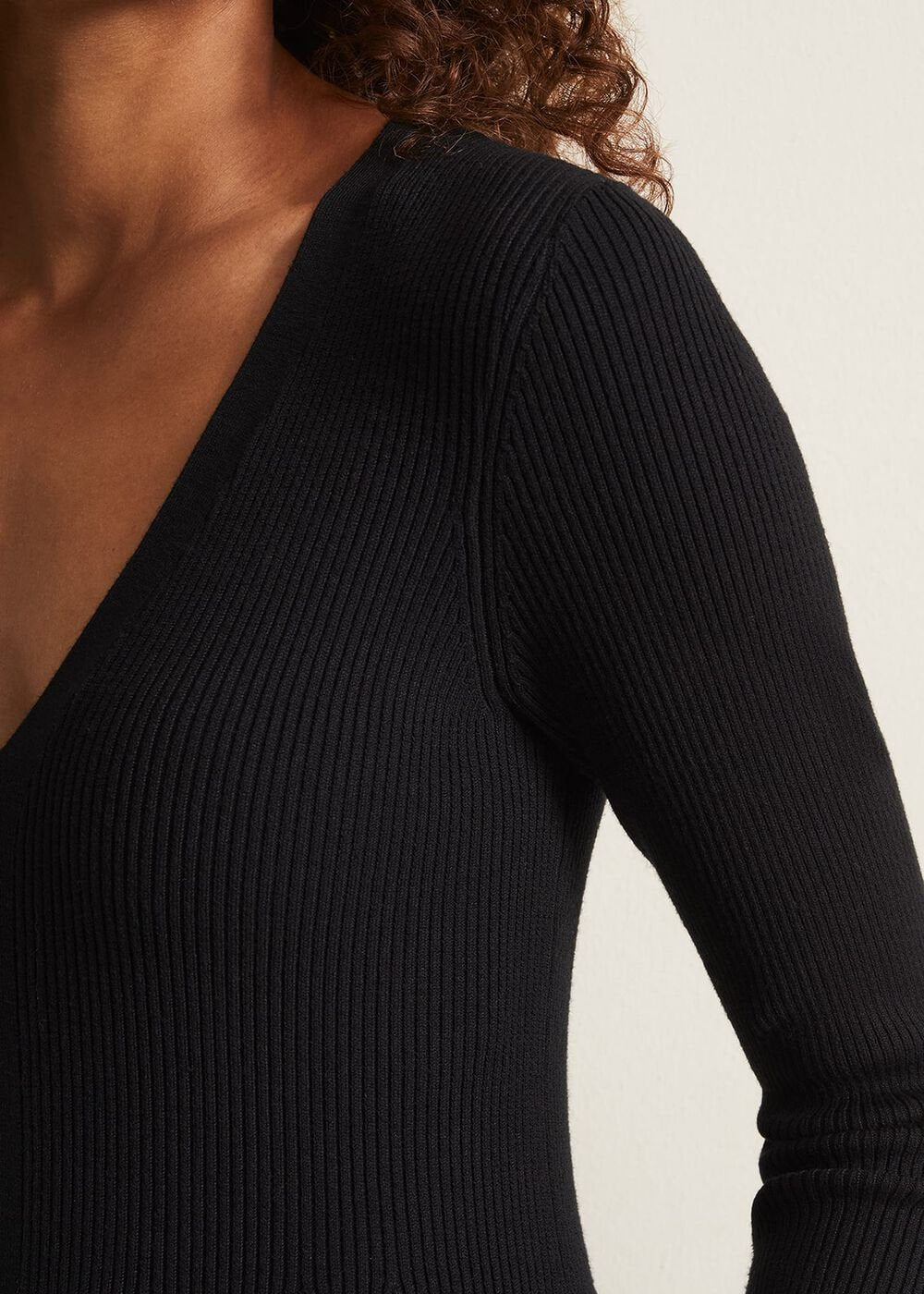 Black Fit & Flare Dress with V-Neck & Long Sleeves Black