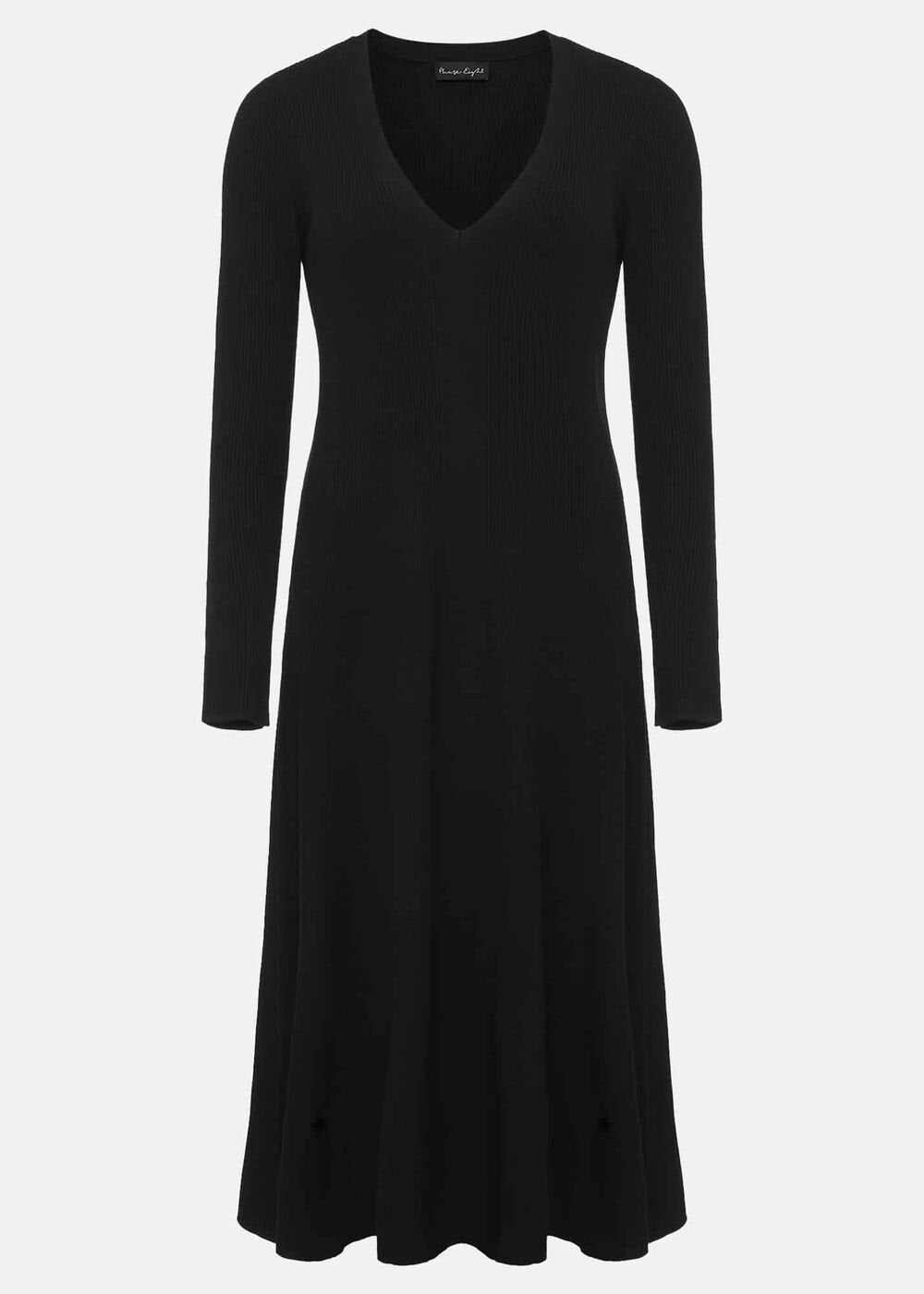Black Fit & Flare Dress with V-Neck & Long Sleeves Black