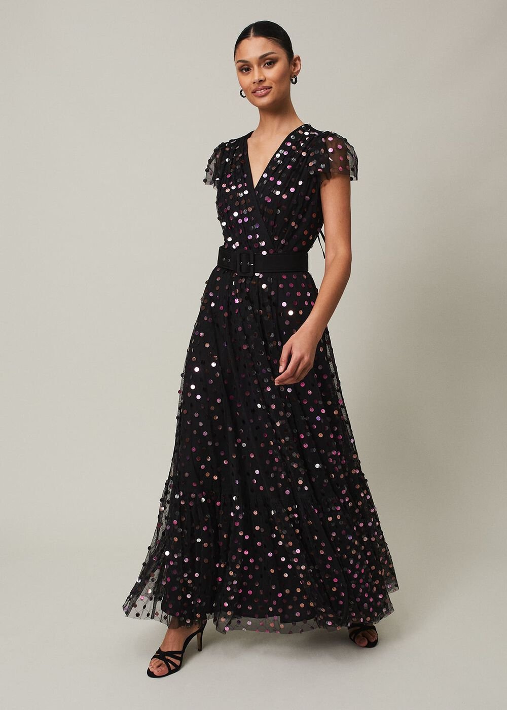 Loren Sequin Spot Tulle Maxi Dress Black/Multi