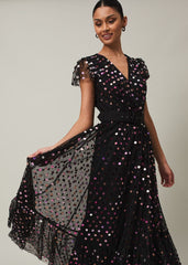 Loren Sequin Spot Tulle Maxi Dress Black/Multi