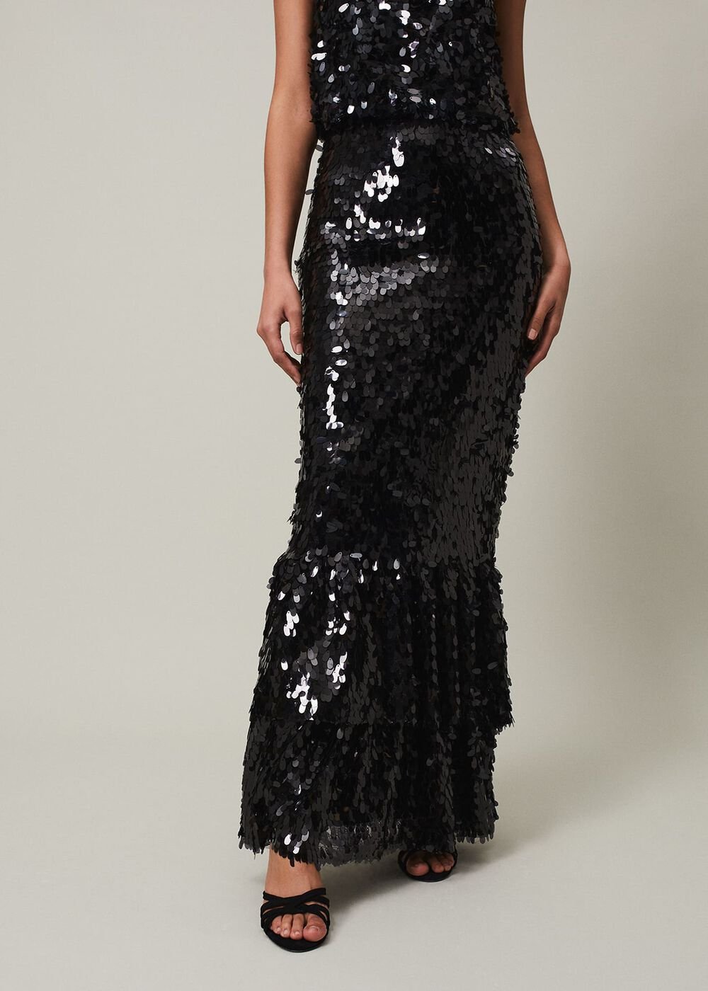 Elena Black Sequin Tiered Maxi Dress Black