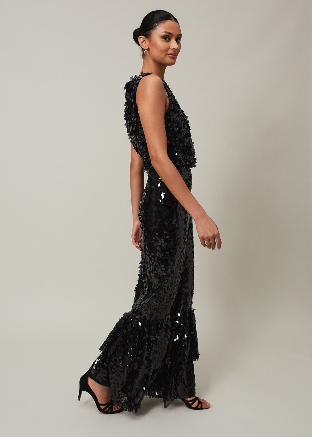 Elena Black Sequin Tiered Maxi Dress Black