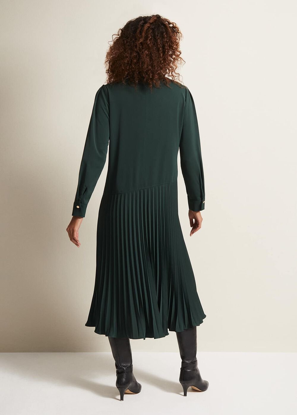 Helena Pleated Shirt Midi Dress Dark Green