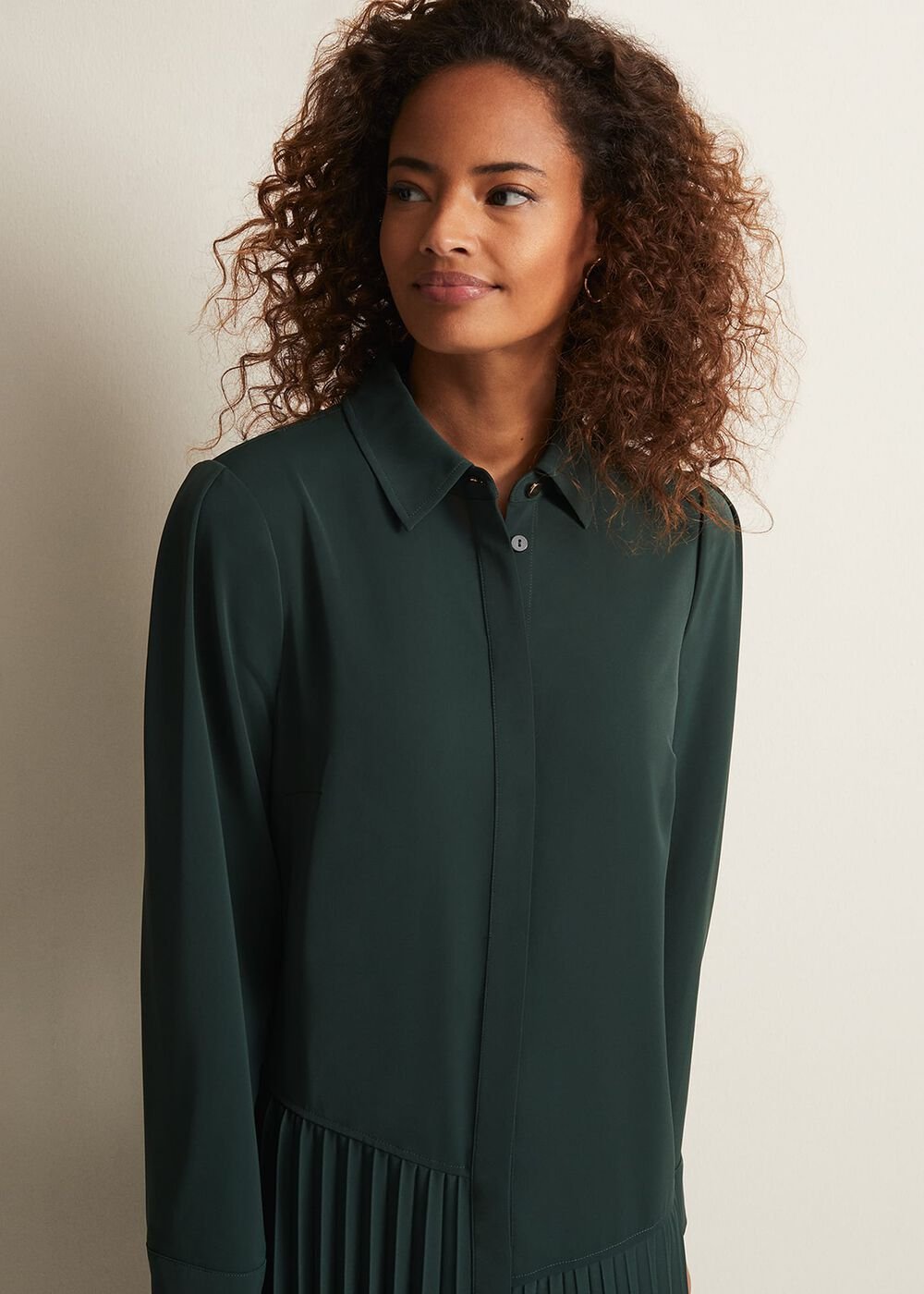 Helena Pleated Shirt Midi Dress Dark Green