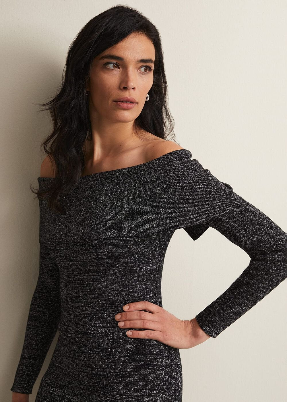 Heidi Knitted Bardot Dress Black/Silver