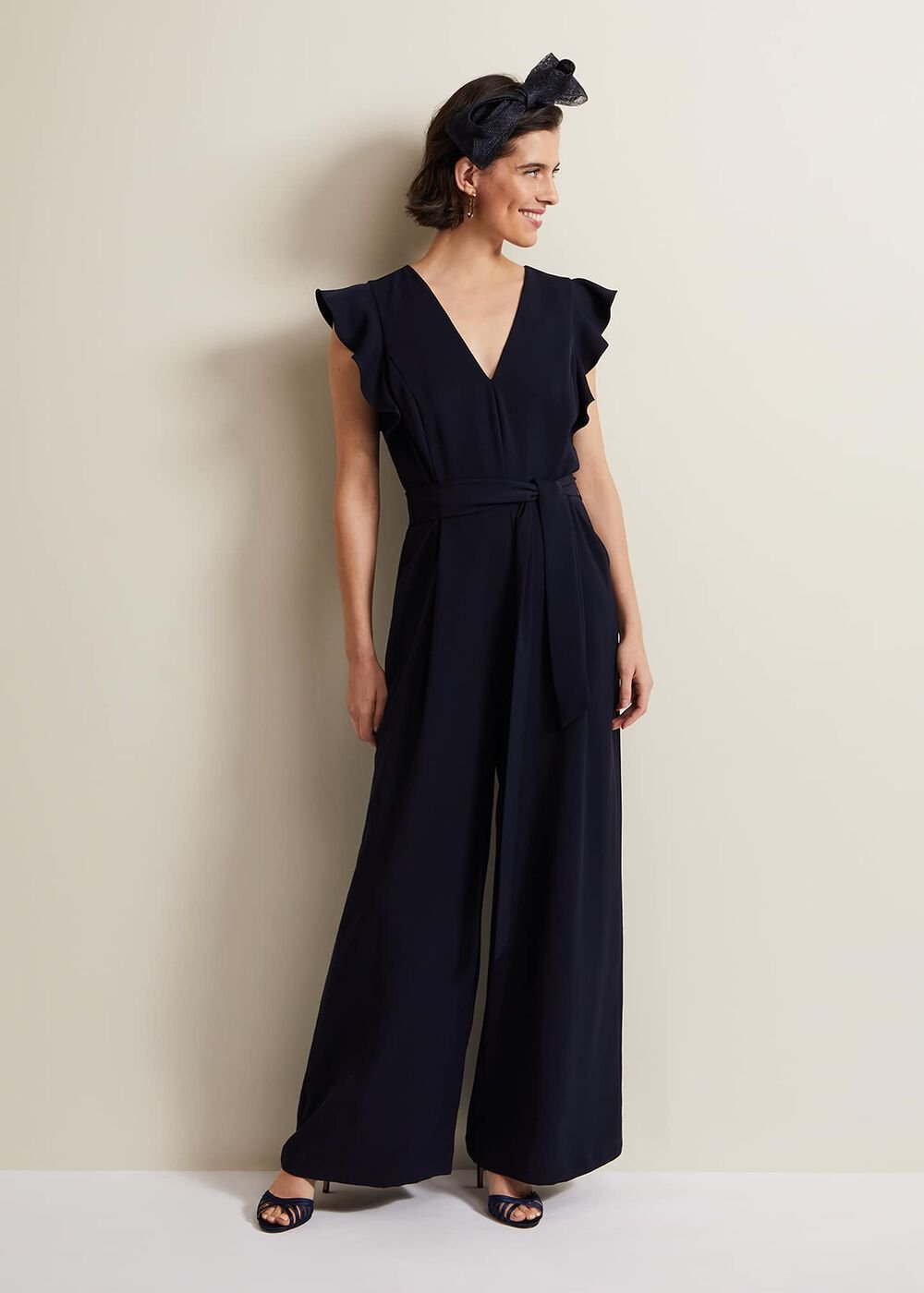 V-Neck Wide Leg Jumpsuit with Frill Sleeves in Dark Navy Navy