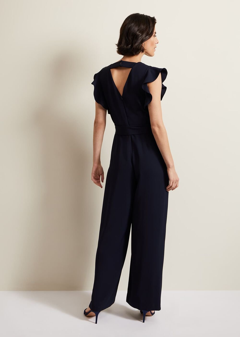 V-Neck Wide Leg Jumpsuit with Frill Sleeves in Dark Navy Navy
