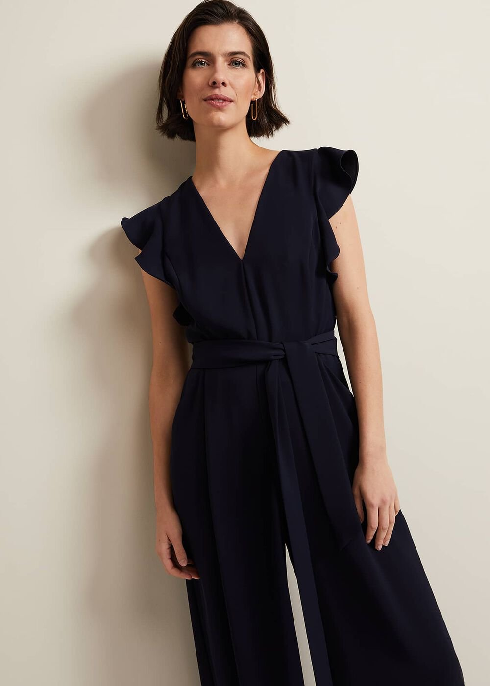 V-Neck Wide Leg Jumpsuit with Frill Sleeves in Dark Navy Navy